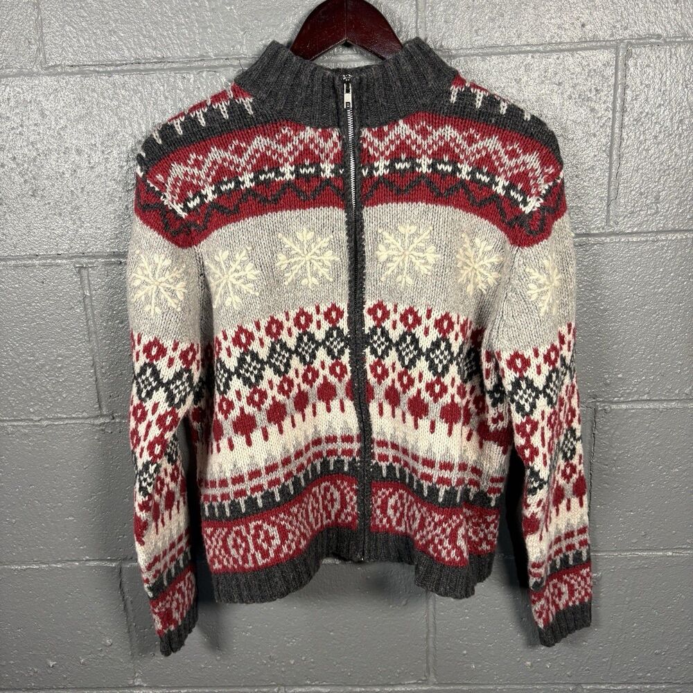 Fashion Bug Fair Isle Sweater Women's M Ramie Wool Blend Full Zip Snowflake